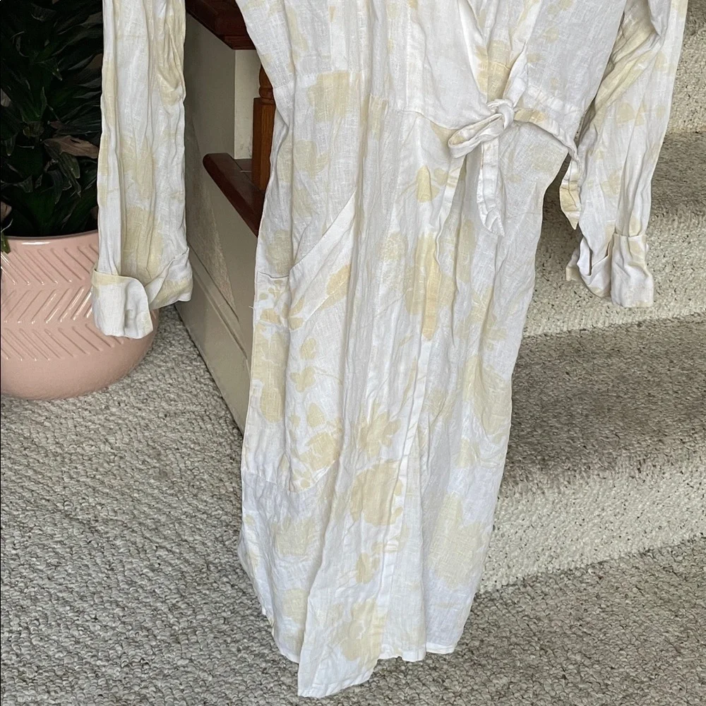 FLAX Elegant White Floral Pure Linen Women's Robe